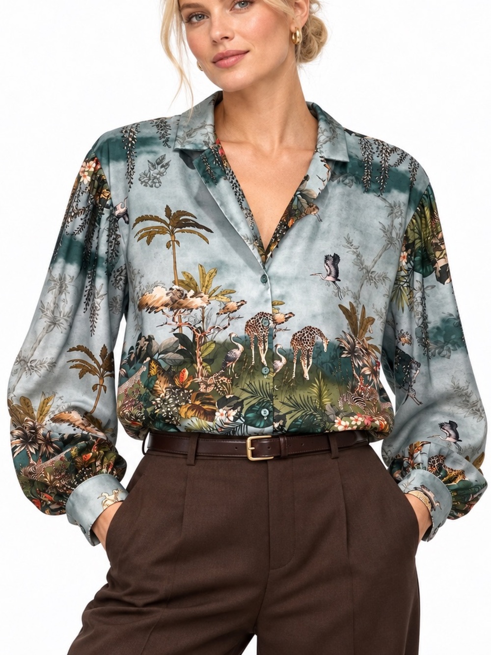 Zara Blue Safari Jungle Animal Print Blouse M NWOT